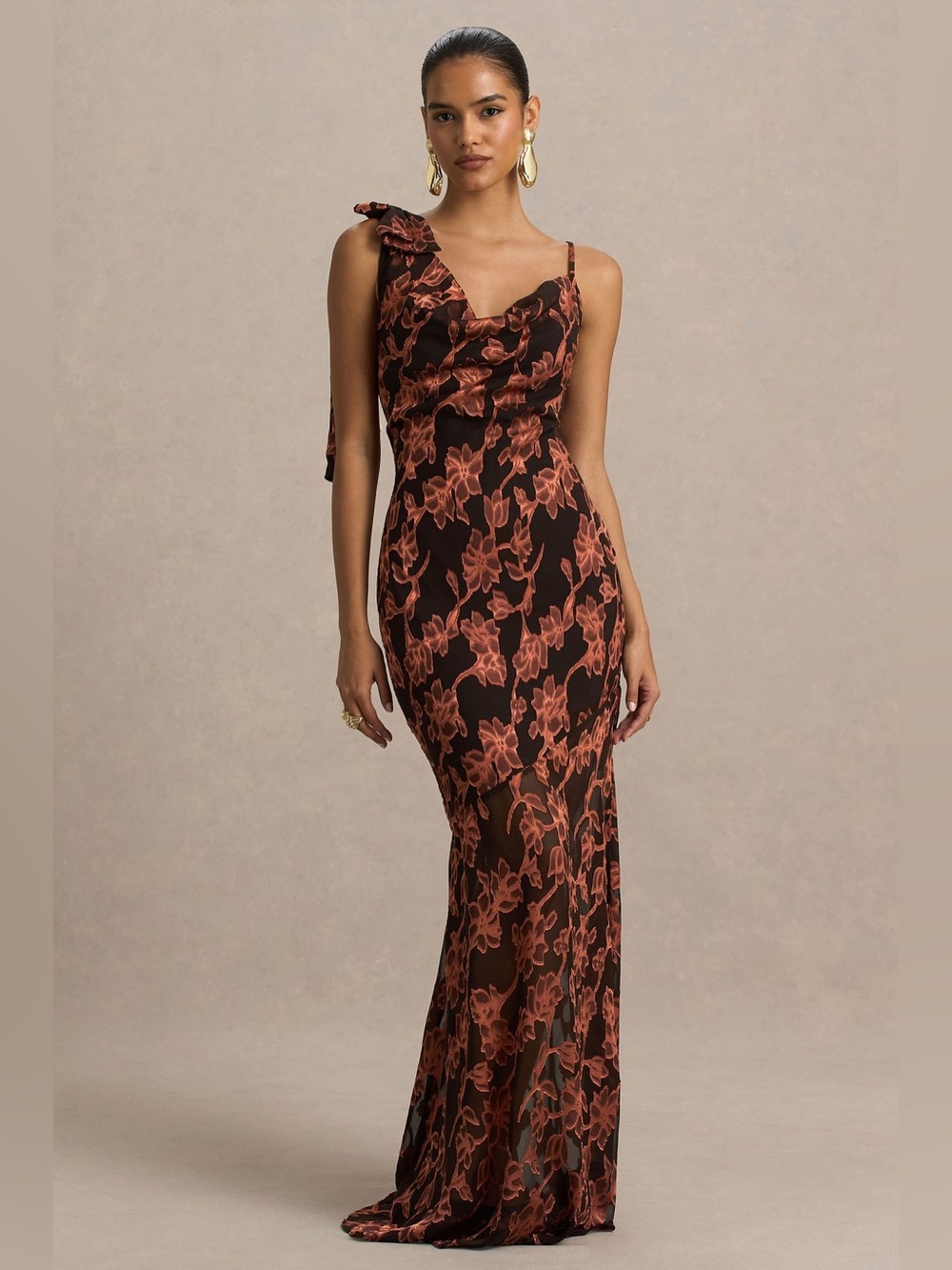 Club L London Black and Rust Cowl Neck Maxi Dress with Bow Detail